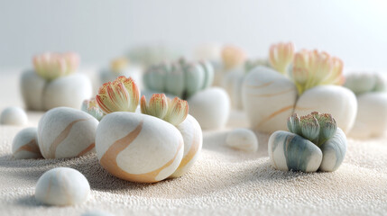 stylized lithops plants arranged in a minimal sandy background