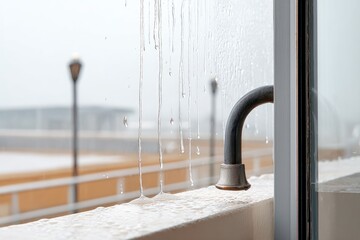 Heavy Rainfall Pelts the Closed Window, Creating a Curtain of Water and Blurring the View Outside