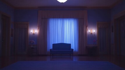 Serene, dimly lit hallway with a blue sofa centered before a large window draped in sheer curtains