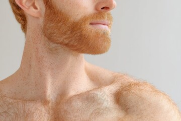 Naklejka premium This Image Captures a Close-Up View of a Light-Skinned Male's Shoulder, Beautifully Highlighting the Natural Body Hair and Distinct Facial Features