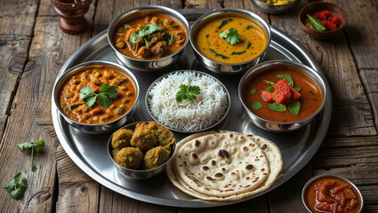Top-view shot of a classic Indian thali featuring stainless steel bowls filled with curry, dal, rice, chapati, pickle, and dessert
