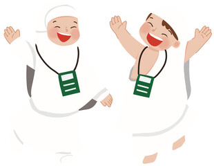 child wearing ihram clothes happy