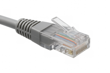 Gray ethernet cable closeup, revealing detailed connector against transparent background, representing network communication infrastructure