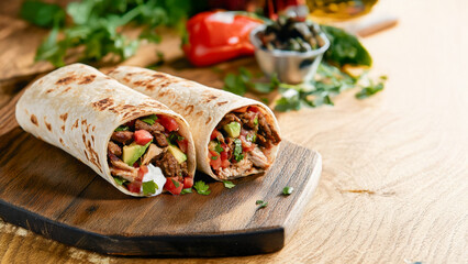 Delicious beef burrito with avocado and salsa on wooden board.