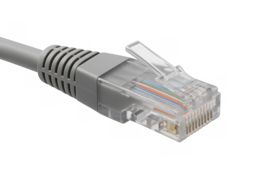 Gray ethernet cable closeup, revealing detailed connector against transparent background, representing network communication infrastructure - Powered by Adobe
