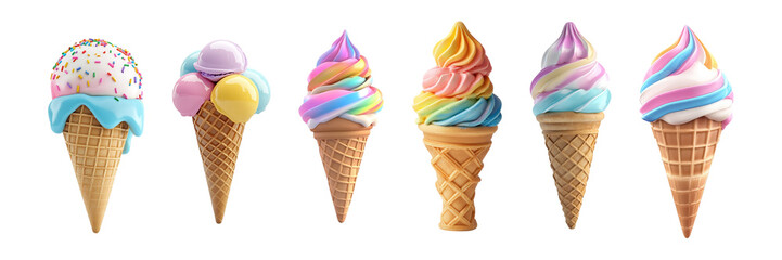 Set of various delicious ice cream cones isolated on a transparent background PNG