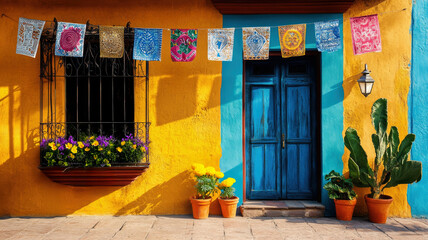 Colorful mexican facade with vibrant decorations and blue door in sunlit alley.