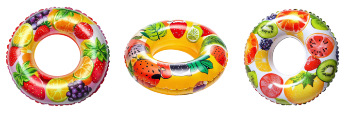 Set of summer bright inflatable beach swimming rings isolated on transparent background PNG