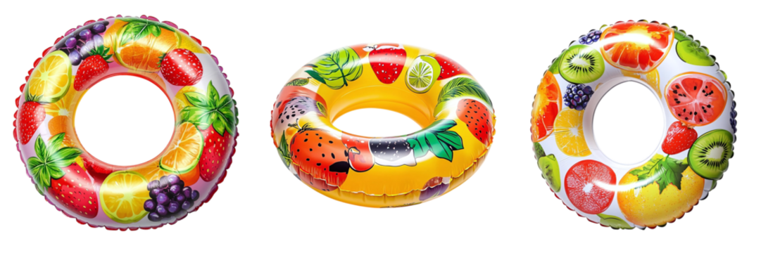 Set of summer bright inflatable beach swimming rings isolated on transparent background PNG