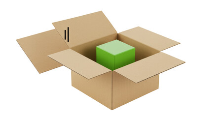 Isolated Open Cardboard Box with Green Cube