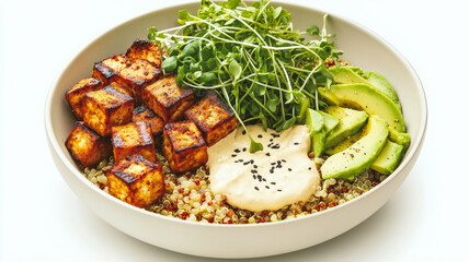 Quinoa bowl with tofu, avocado, microgreens, and creamy dressing. Closeup.