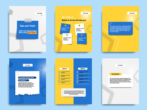 Blue yellow social media tutorial, tips, trick, did you know post banner layout template set with sticky paper note clips design element