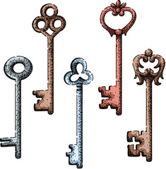 skeleton key set sketch hand drawn vector