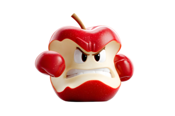 Angry apple cartoon character with boxing gloves illustration for design use on transparent background