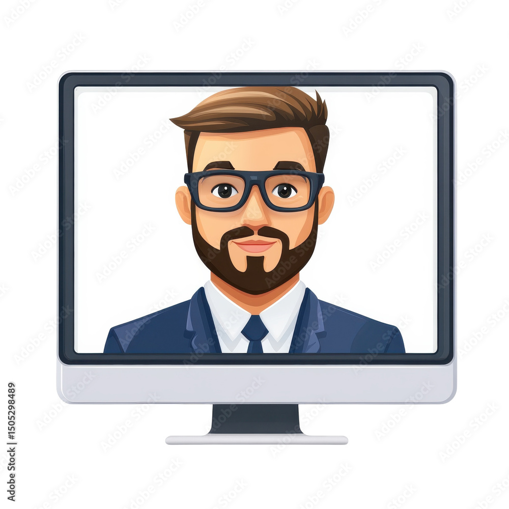 Aufkleber a confident man on a computer screen during a video conference with a on transparent background