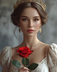 a Beautiful Royal Princess are Holding a Red Rose. Woman Illustration. Women portrait. 