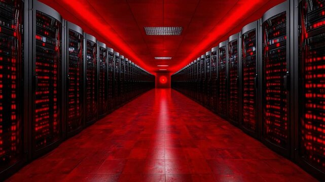 Red Data Center Corridor: Servers, Technology, and Network Infrastructure