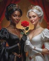 Two Beautiful Royal Princesses are Holding a Red Rose. Woman Illustration. Women portrait. 