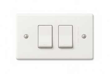 Close-up of a white double light switch on a transparent background, featuring two rocker switches in the off position