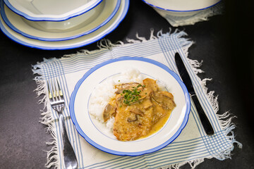 Typical Czech cuisine pork slice on mushrooms with rice