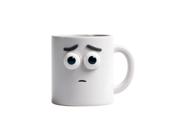 Sad mug coffee cup character illustration white ceramic mug with face design on transparent background
