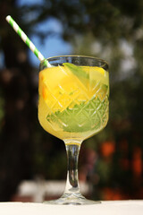 Close-up of a glass with a cocktail outdoors. Lemonade on a blurred nature background. Lemonade or other drink in a glass. Summer refreshing drink with mint and orange slices