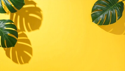 Top view of green tropical leaf Monstera shadow on yellow background. Flat lay. Summe 