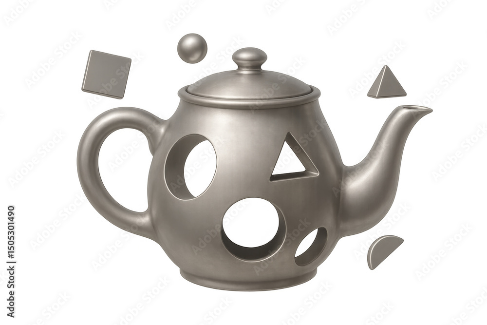 Fototapete silver teapot with angular cutouts hovering near geometric forms, rendered digitally against transpa