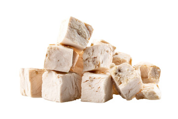 Pile of freeze dried chicken breast cube,for pets food isolated on transparent background.
