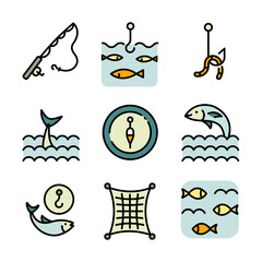 Various fishing related icons set. Fishing Vector Color Icons. Catch seafood symbols. Vector Illustration. Isolated on White Background.