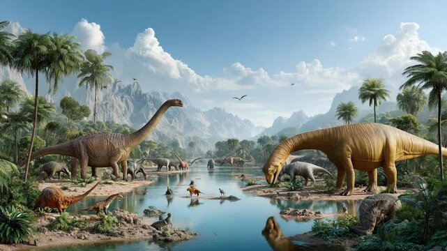 Prehistoric Lake Scene: A breathtaking illustration depicting a serene prehistoric lake scene with various dinosaurs peacefully coexisting near a tranquil body of water.