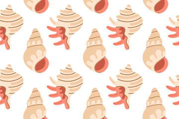 Seamless marine pattern with beige conch shells and red coral branches on a white background, ideal for beach and summer designs