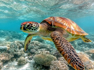 Obraz premium Green sea turtle swims gracefully in clear, sunlit turquoise ocean waters above coral reef.