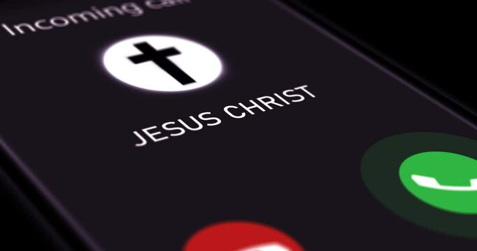 Smartphone screen with incoming call from Jesus Christ, getting phone call from God, a divine sign and a message of hope, footage