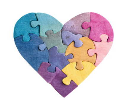 Heart shaped puzzle pieces showcasing vibrant colors and textures on a transparent background, cut out