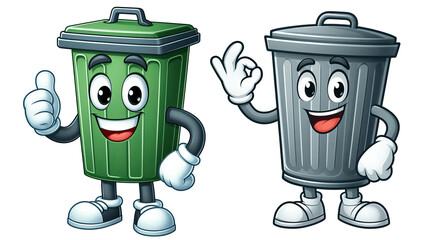 Illustration Trash Cans Green and Gray with Expressive Faces and Poses, Isolated on Transparent Background