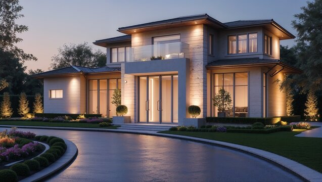 Elegant Modern House Exterior Illuminated at Twilight with Driveway and Landscaped Garden	
