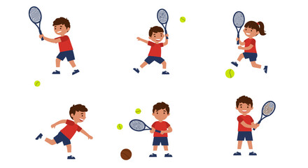 Cartoon children playing tennis with rackets and yellow tennis balls