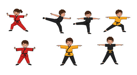 Cartoon Martial Arts Students Demonstrating Various Karate Poses and Uniform Colors