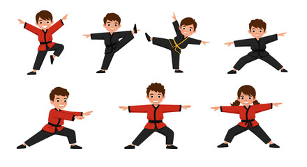 Diverse Children in Martial Arts Poses Displaying Various Kicks and Stances