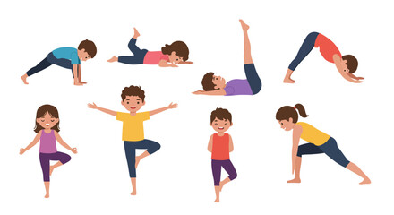 Diverse Children Practicing Yoga Poses with Joyful Expressions and Colorful Attire