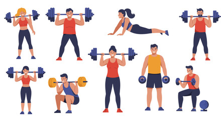 Diverse Individuals Engaging in Various Weightlifting and Exercise Activities