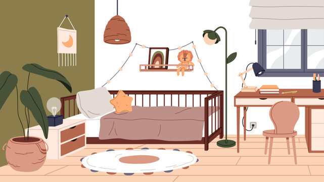 Kids bedroom interior. Cozy modern style childs room with furniture, bed, study desk, table, chair, home plant, window and decoration, comfortable Scandinavian design. Flat vector illustration