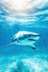 Fototapeta premium Great white shark swimming in crystal clear ocean water under sun rays, representing marine life and ocean predators. Banner for marine conservation, ocean biodiversity, or shark awareness campaigns.