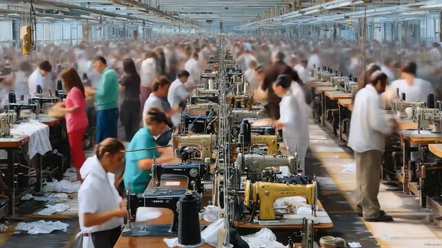 Industrial Labor at Scale: A bustling factory floor teems with industrious workers engaged in intricate tasks, a visual testament to the power of human endeavor and collaborative production.