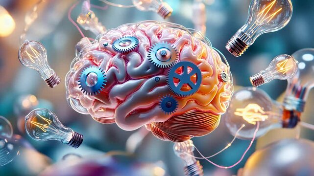 Innovative brain with gears and lightbulbs symbolizing creativity and ideas.