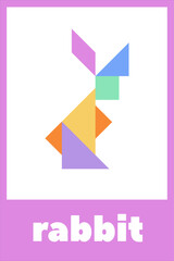 Colorful geometric rabbit design created using various shapes and bright colors on a plain background. Tangram puzzle for children. Educational card for kids on a white background.