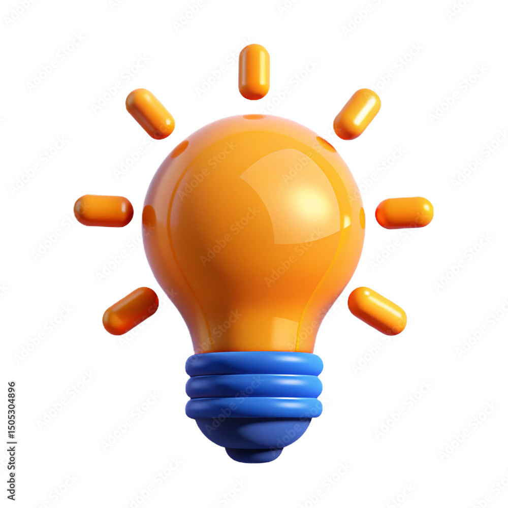 Poster 3d rendered illustration of an orange lightbulb with illuminating rays representing a bright idea.