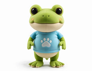 Fototapeta premium A charming plush frog doll with soft green fur and rosy cheeks, wearing a light blue t-shirt adorned with a white paw print, standing upright against a clean white background.