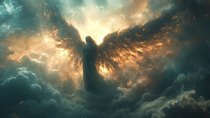 Majestic angel with luminous wings descending through dramatic celestial clouds above the heavens.